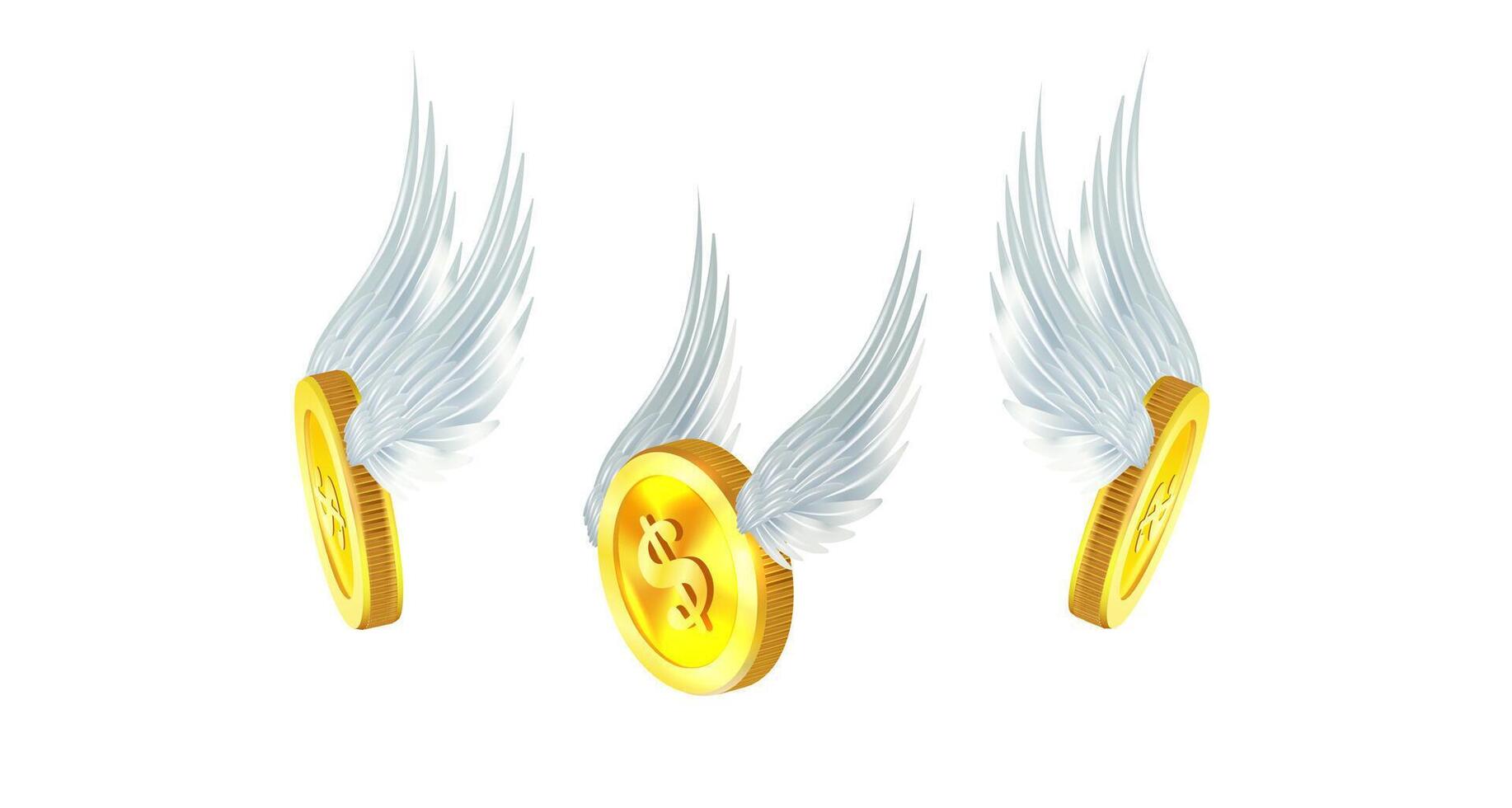 Flying golden coin with wings vector