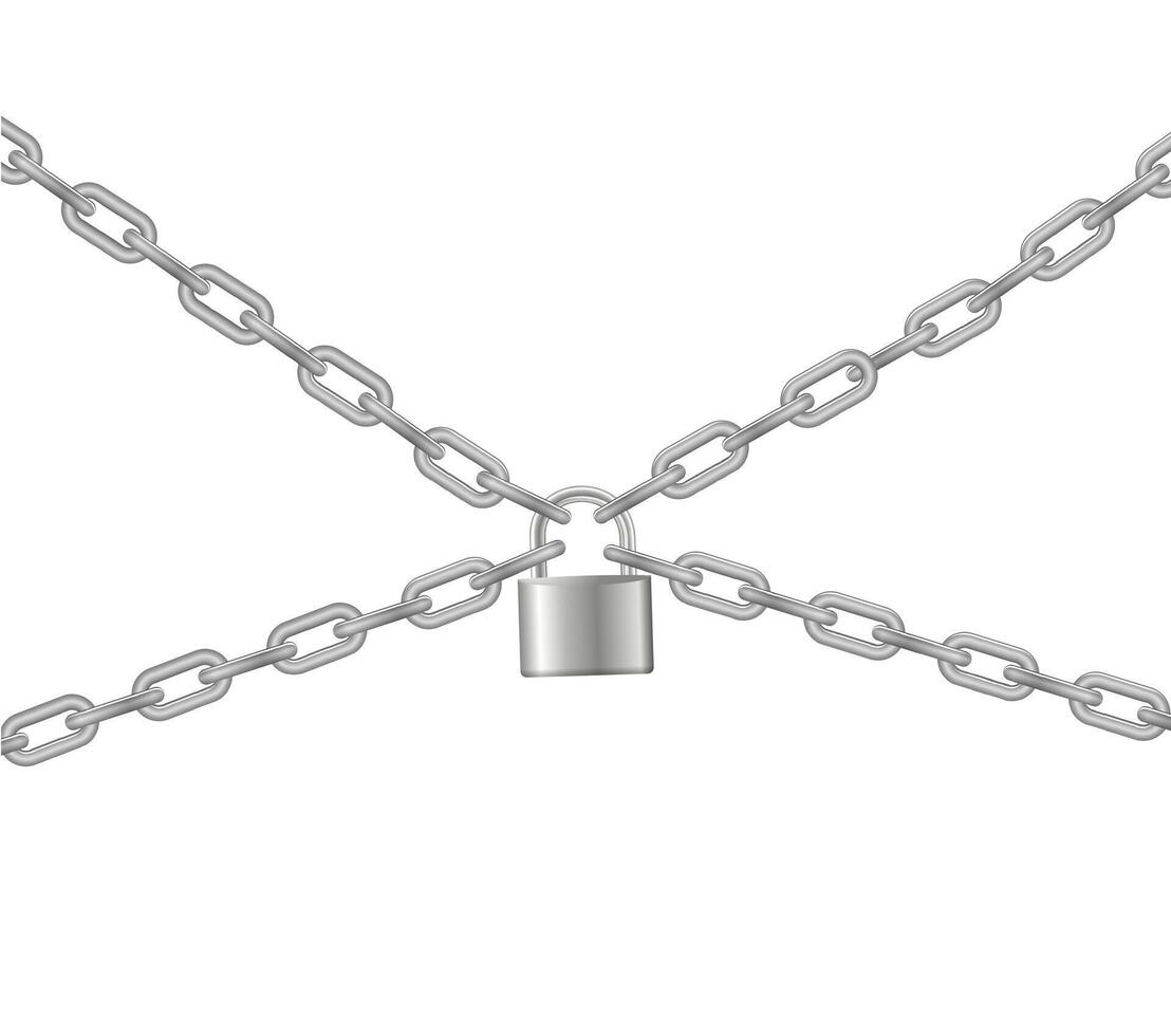 Padlock and chain. Gray metal vector