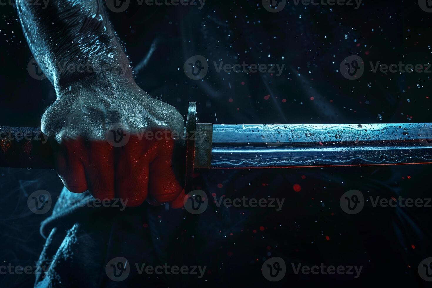 AI generated Close-up of a man's hand holding a katana on a dark background photo