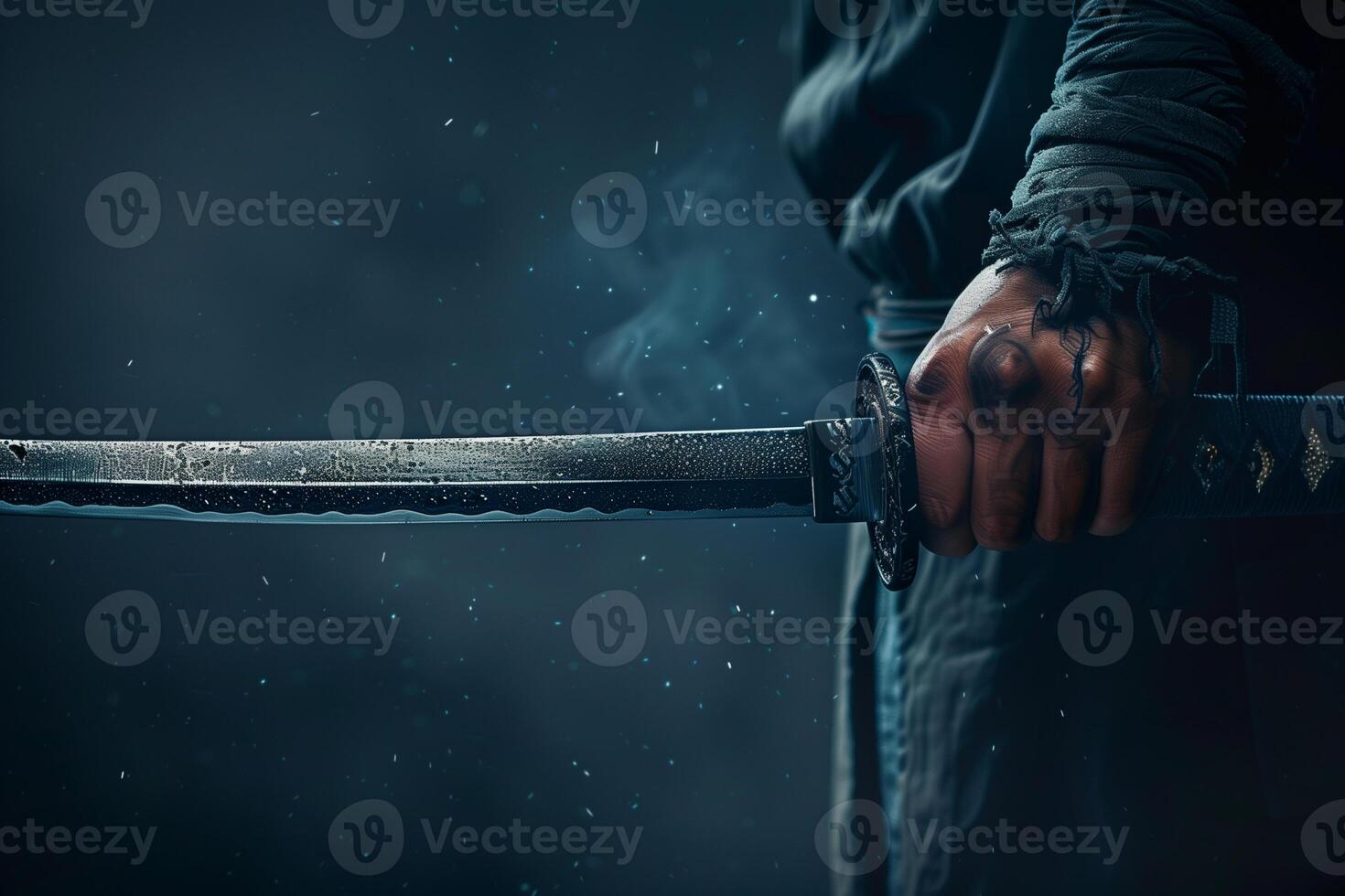 AI generated Close-up of a man's hand holding a katana on a dark background photo