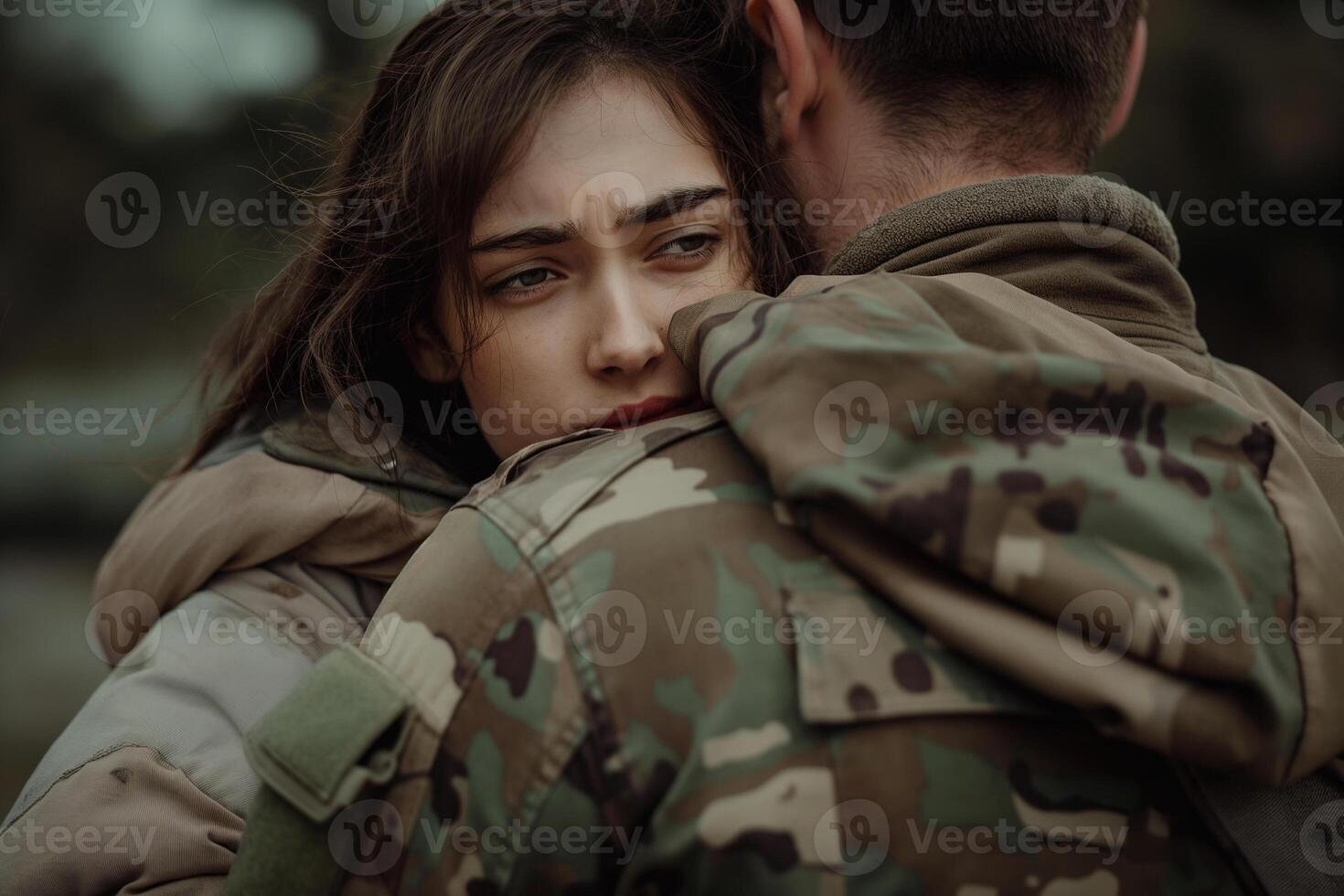 AI generated A young sad girl hugs her military boyfriend and sees him off to war photo