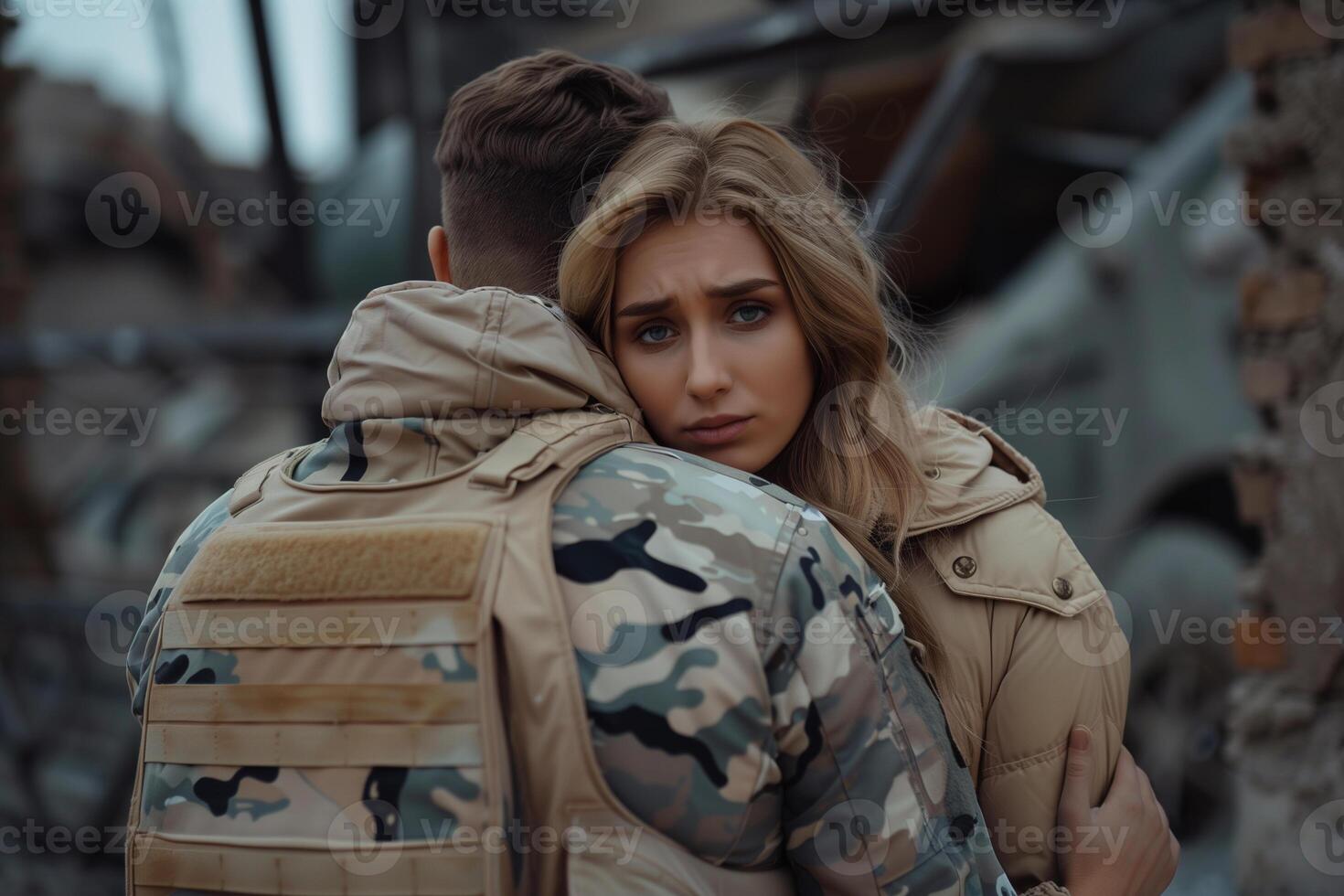 AI generated A young sad girl hugs her military boyfriend and sees him off to war photo