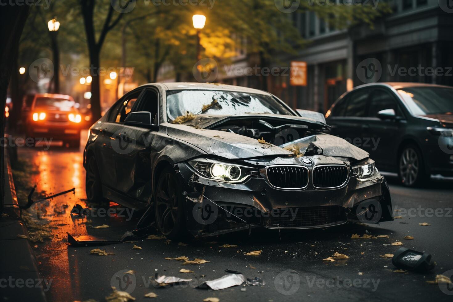 AI generated broken car on the street, car accident photo