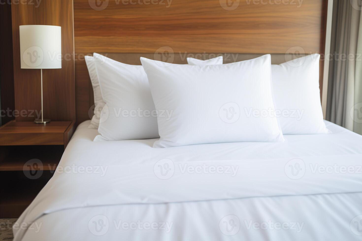 AI generated beautiful bed in a hotel room with white pillows photo