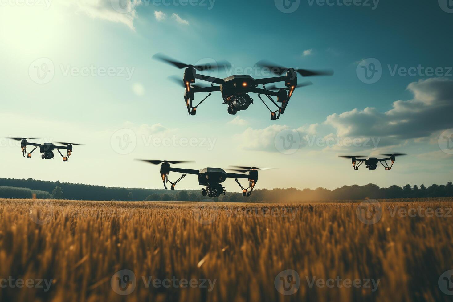 AI generated a group of drones flies low over a field photo