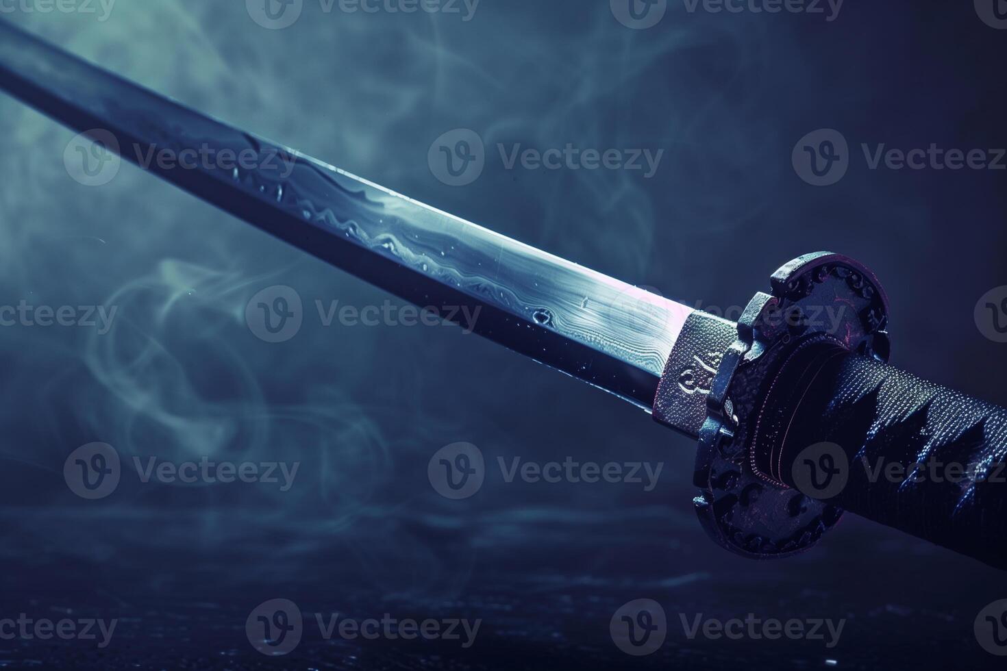 AI generated Japanese samurai sword katana on a black background. Selective focus. Shallow depth of field photo