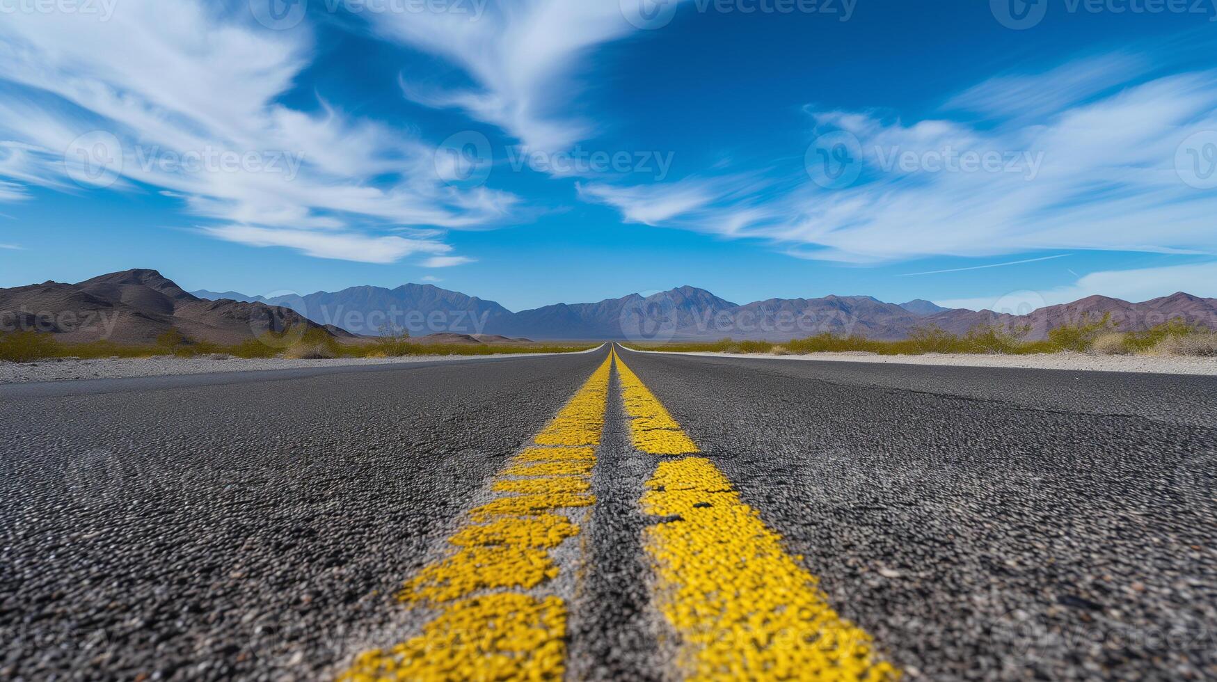 AI generated yellow dividing stripes on the highway stretching into the horizon photo