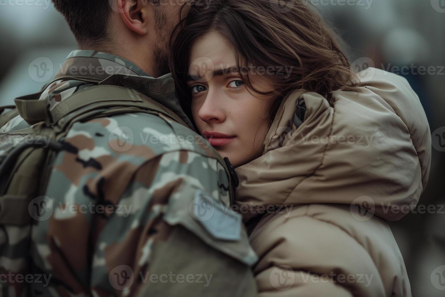 ai generado un joven triste niña abrazos su militar novio y ve él apagado a guerra foto