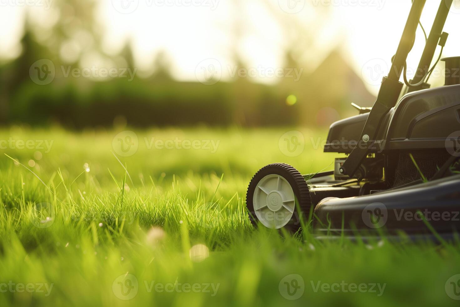 AI generated Lawn mower cutting grass in the garden. Gardening background photo