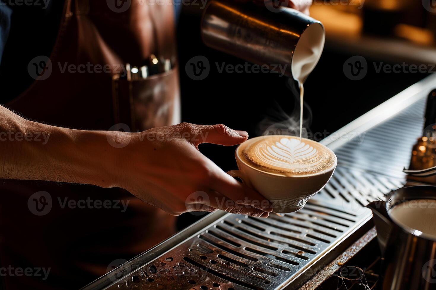 AI generated bartender's hands preparing a delicious cappuccino, close up photo