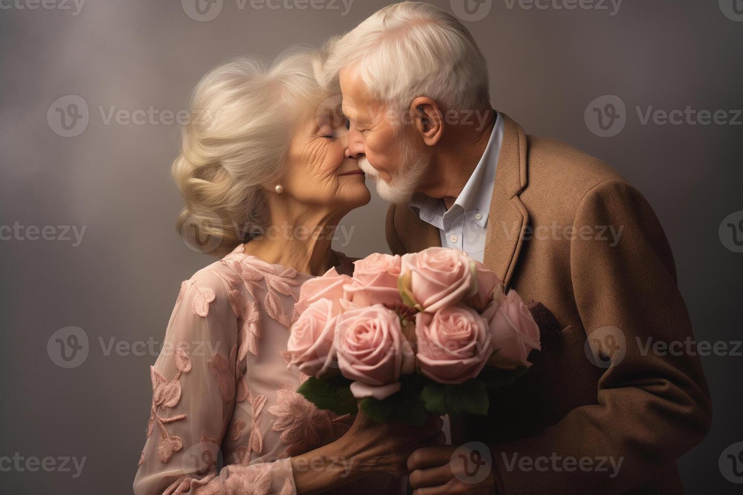 AI generated an older couple kissing and holding pink roses photo