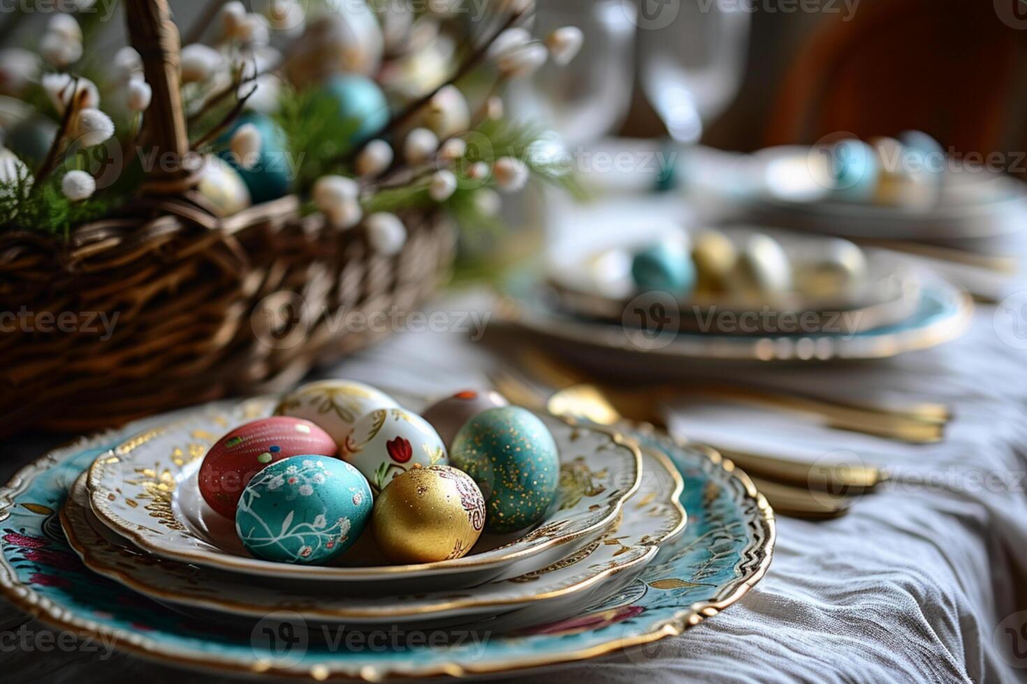 AI generated multi-colored Easter eggs on plates on a beautifully served table, Easter mood photo