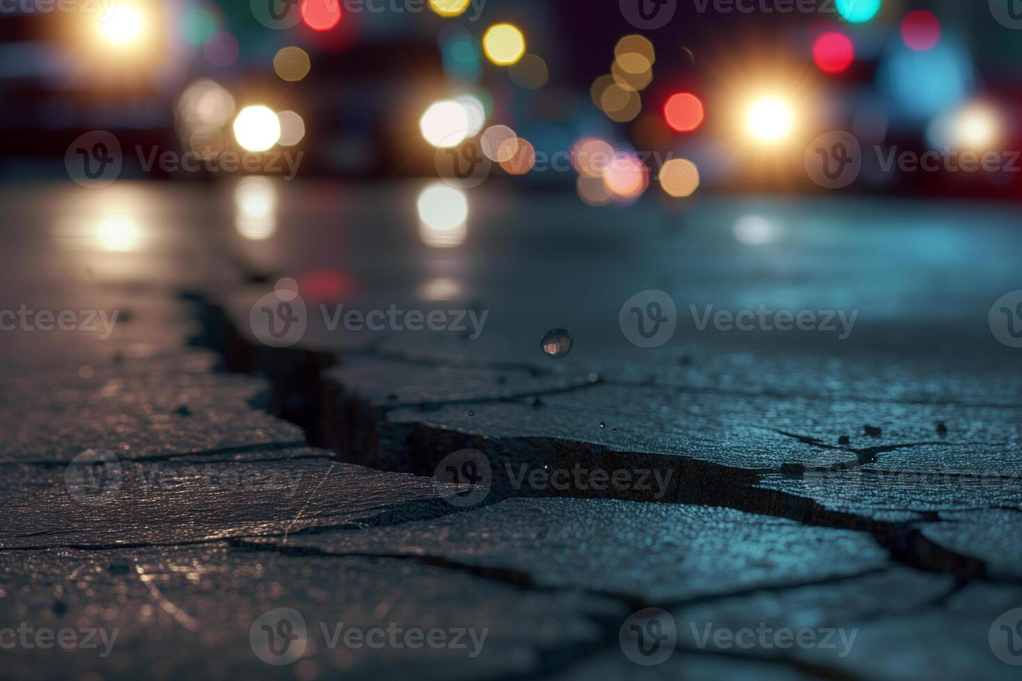 AI generated crack in the asphalt on the city highway at night after the earthquake photo