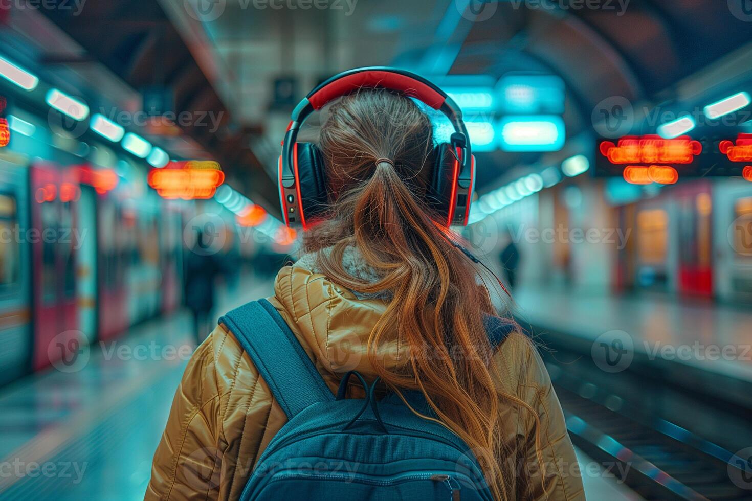 AI generated Rear view of a girl with a backpack and headphones standing on a subway station platform photo