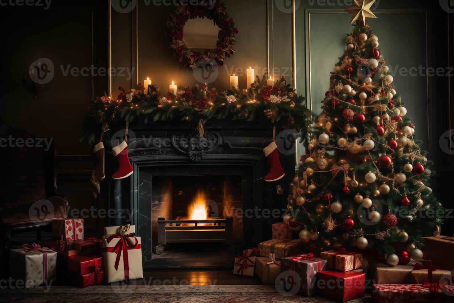 ai generado hermosa Navidad árbol en un acogedor habitación cerca el hogar y regalos foto