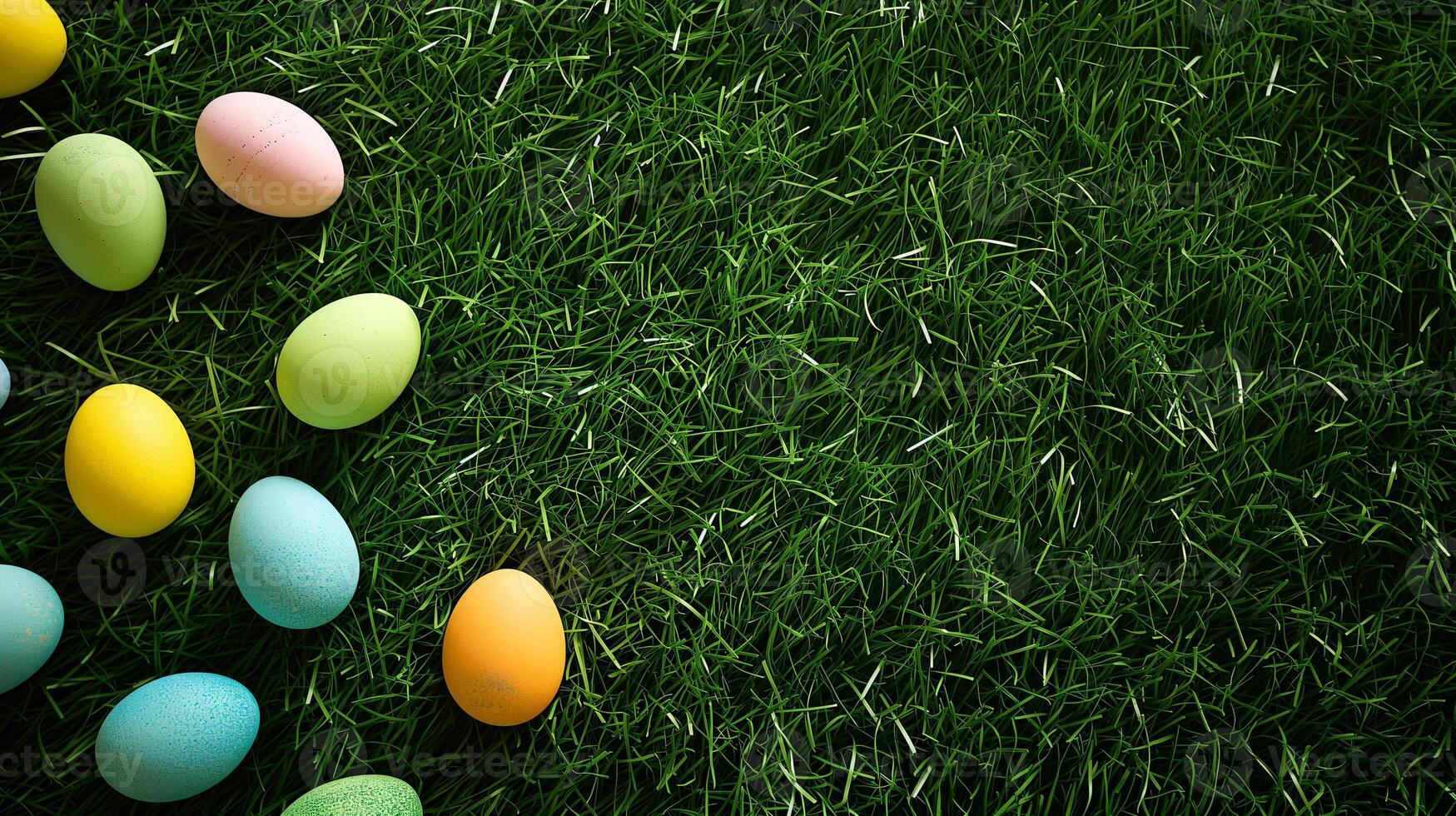 AI generated colored Easter eggs on green grass, Easter background photo