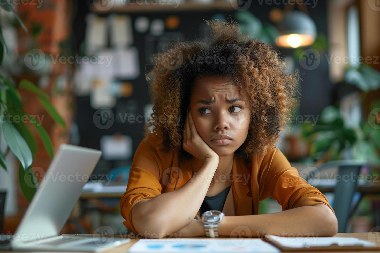 AI generated Upset and tired female employee at work in the office who is worried about unfinished reports photo