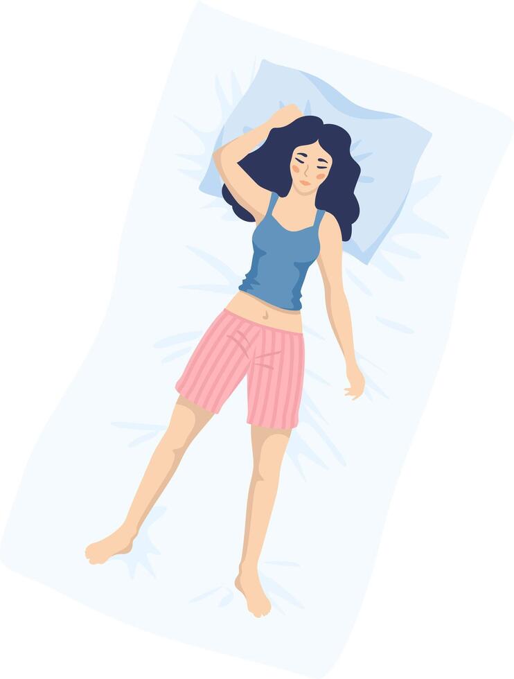 Young woman sleeping in the bed on the back in a free position. Cute girl resting after a working, school day. Vector illustration isolated on white background. Female character. Body position concept
