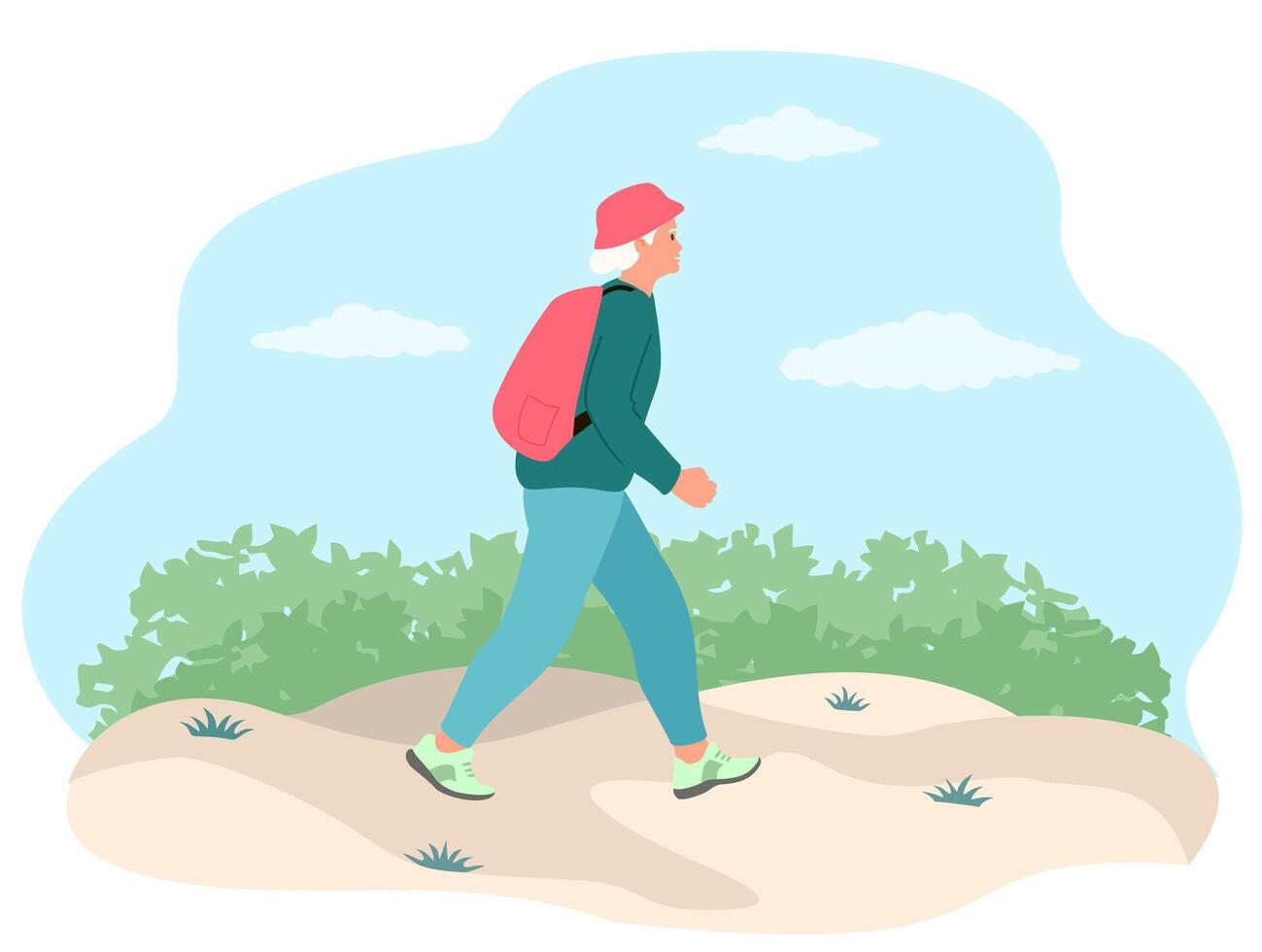 Elderly woman walking with backpack outdoors. Retired woman traveling actively. Hiking, trekking, healthy lifestyle, active ageing concept for banner, website design. Flat vector illustration.