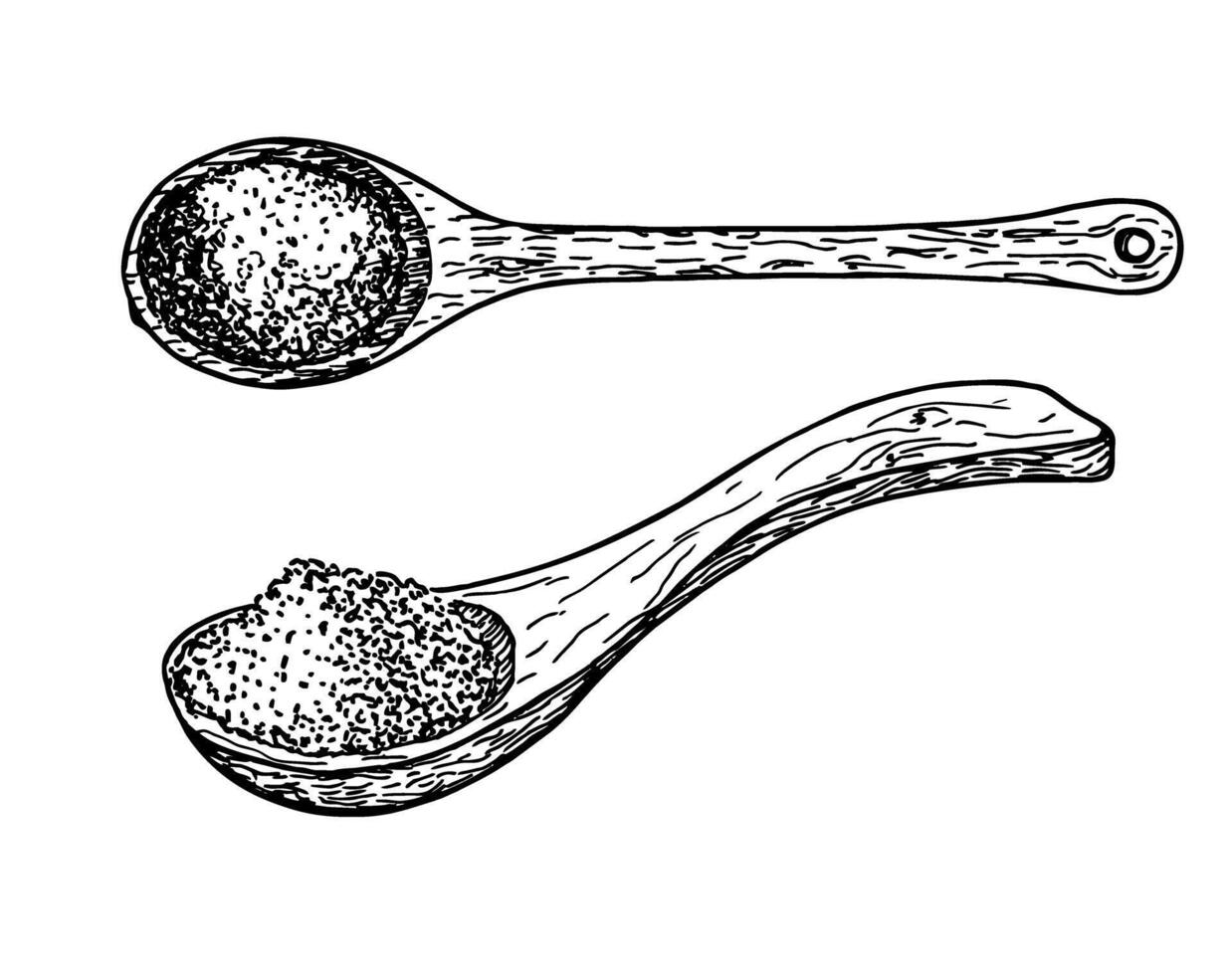 Wooden spoon with spices, salt, sugar, flour, cereals set. Large wooden spoon, vintage. Culinary vector sketch illustration. For recipes, cookbooks, illustrations hand drawing isolated on white.