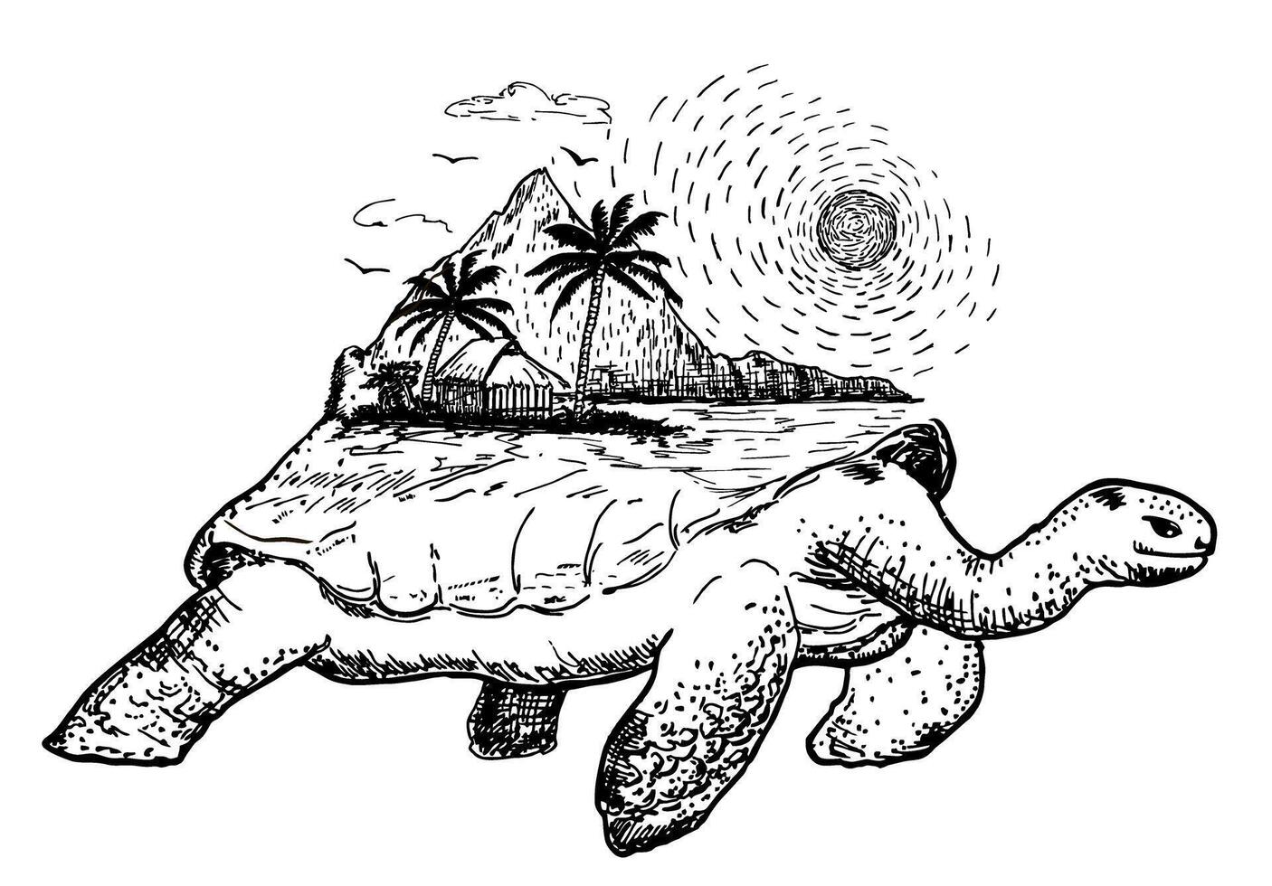 Sketch turtle. Turtle and a tropical beach in tattoo style. Double exposure. logo, tattoo and decoration. vector