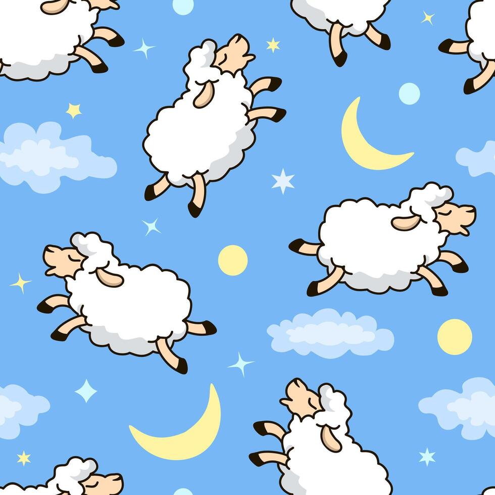 linda dibujos animados oveja vector sin costura modelo. animal modelo con linda oveja, Luna y nubes sin costura antecedentes. para tela, infantil textil, niños lecho, fondo de pantalla, ropa de dormir.