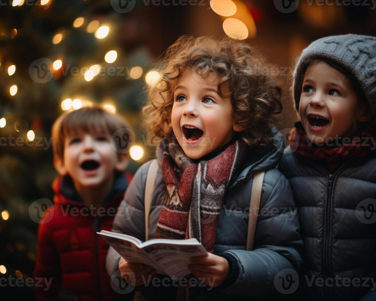 AI generated Cheerful children sing carols on the street photo