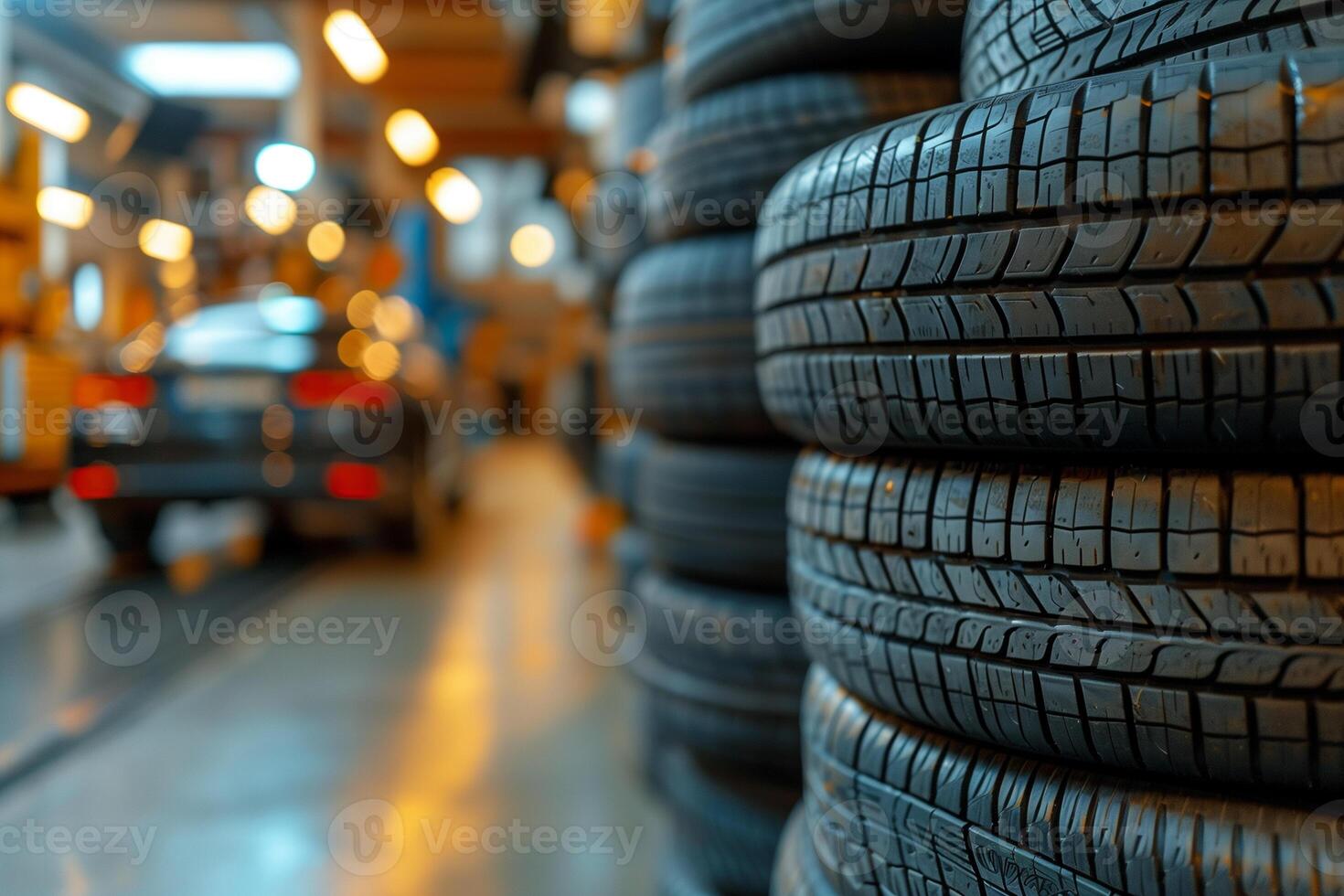 AI generated Tires in a stack in a light auto repair shop with a car in the background photo