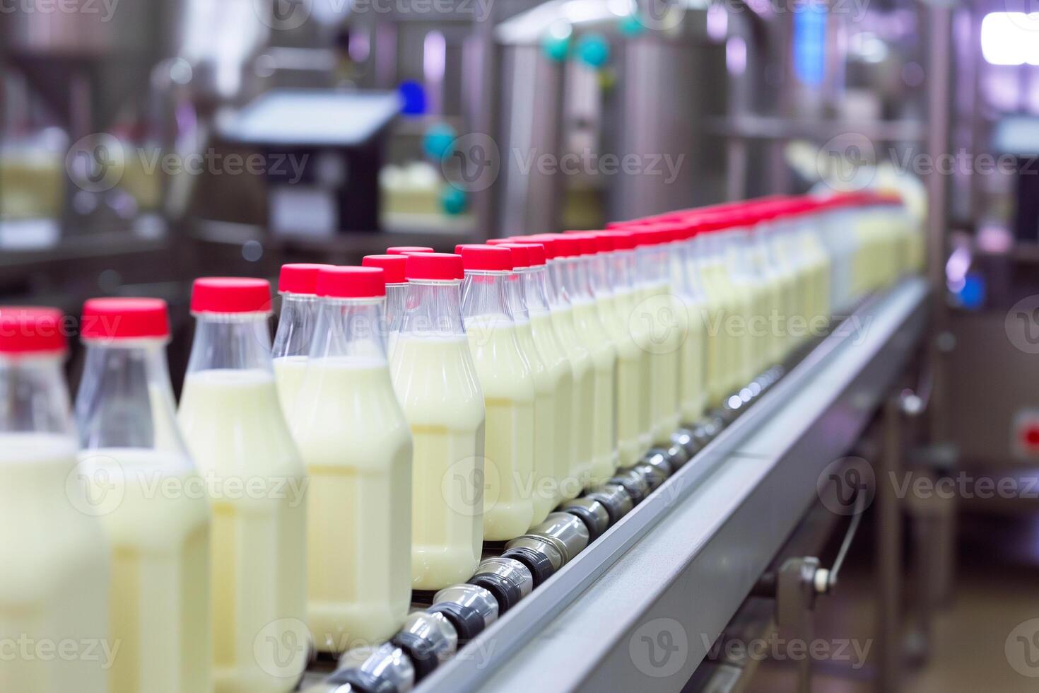 AI generated Milk bottles on a conveyor belt in a dairy factory. photo