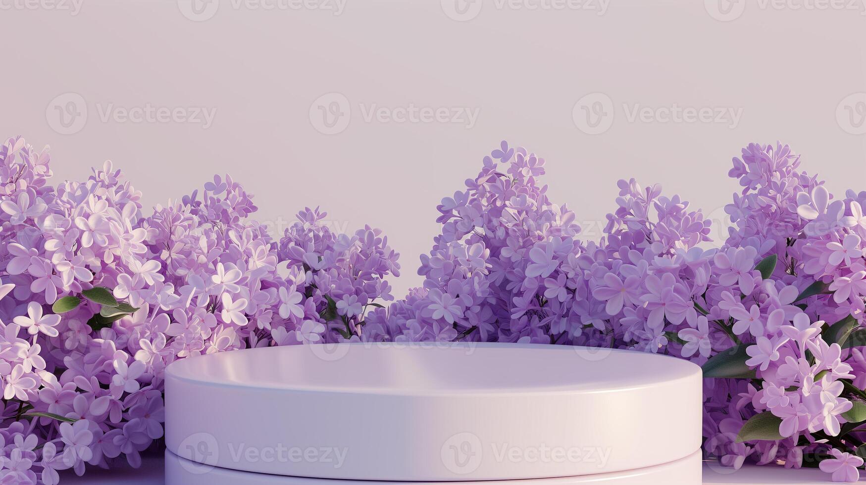 AI generated White podium for product display with lilac flowers on a lilac background photo