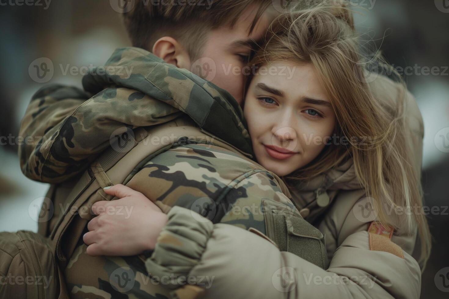 AI generated A young sad girl hugs her military boyfriend and sees him off to war photo