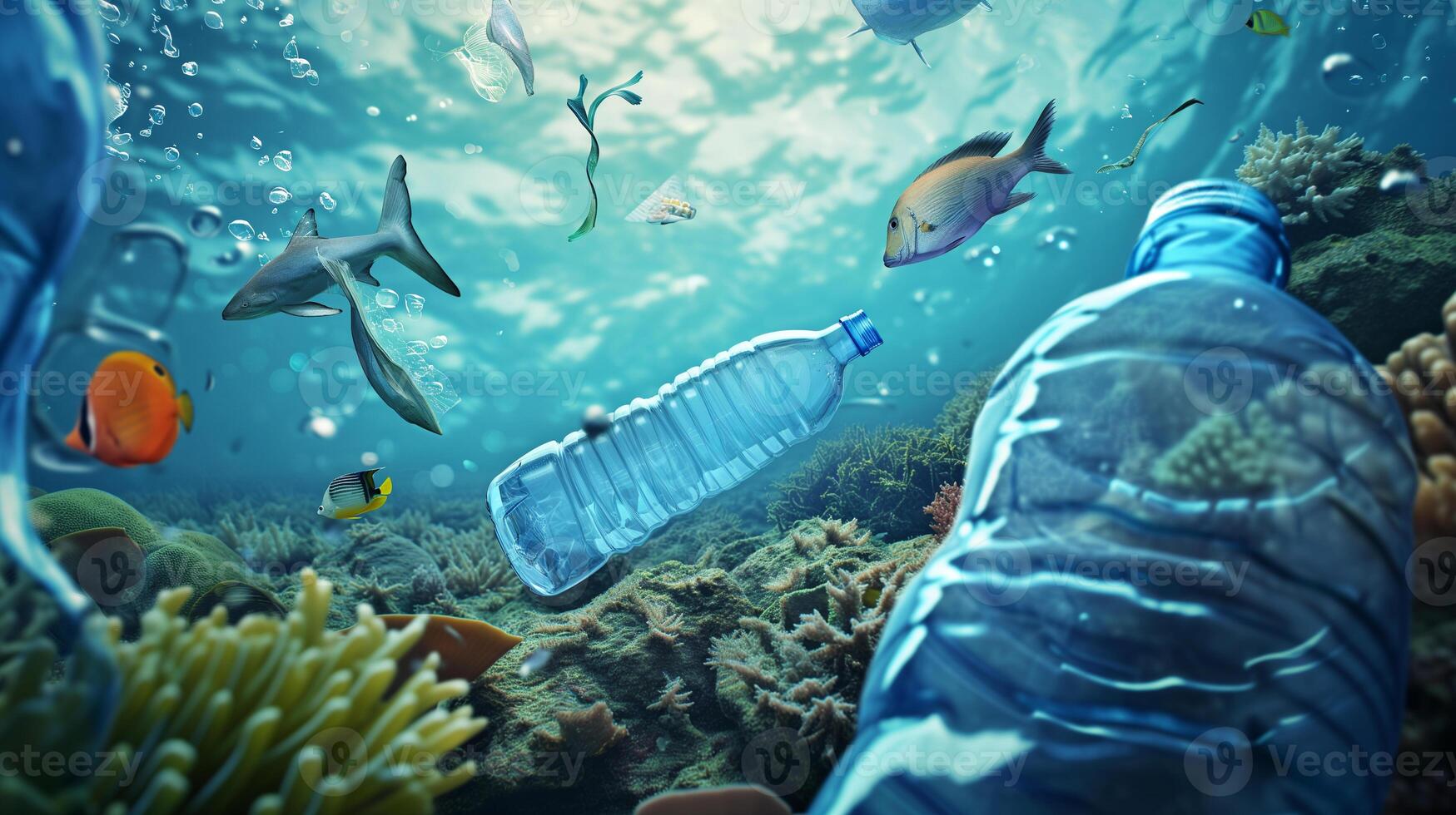 AI generated plastic bottles float in the ocean with fish and corals, environmental protection concept photo