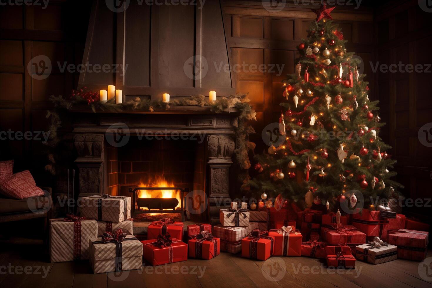 AI generated Beautiful Christmas tree in a cozy room near the fireplace and gifts photo