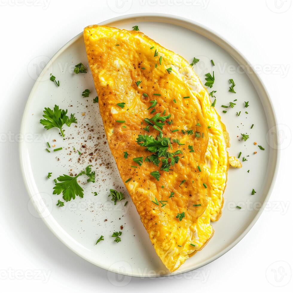 AI generated french omelette on a white plate, top view photo