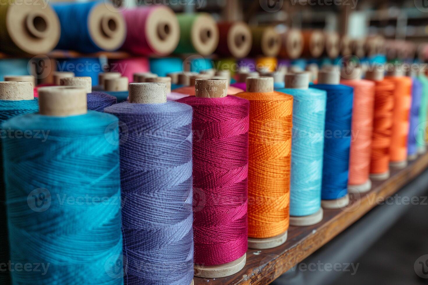 AI generated Colorful spools of thread in a textile factory photo
