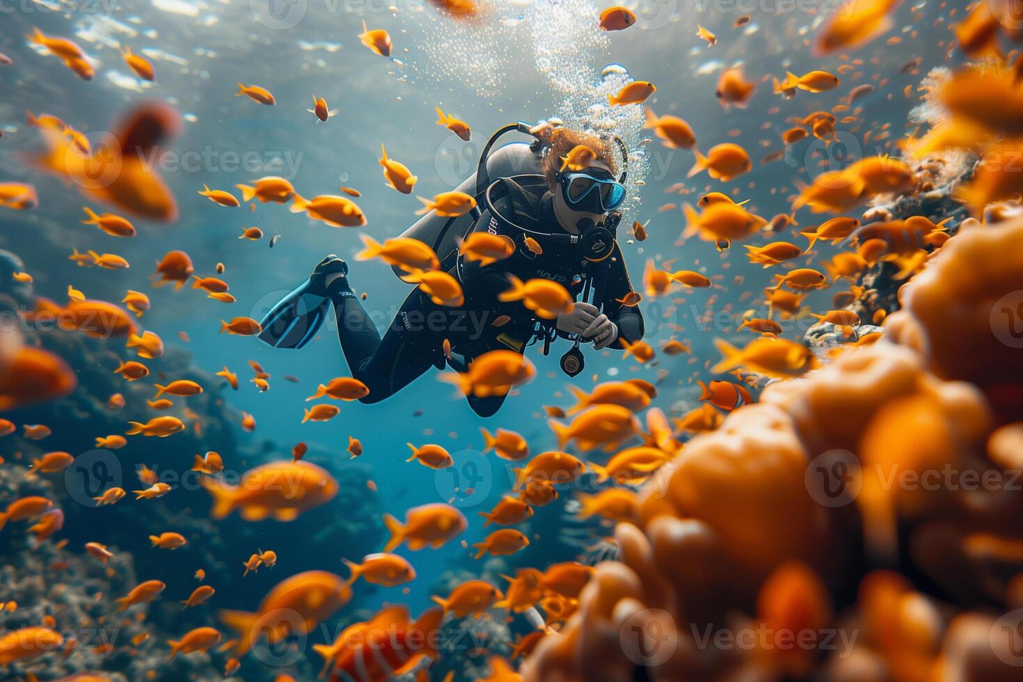 AI generated a flock of yellow exotic fish swims in the ocean, a scuba diver is in the background photo