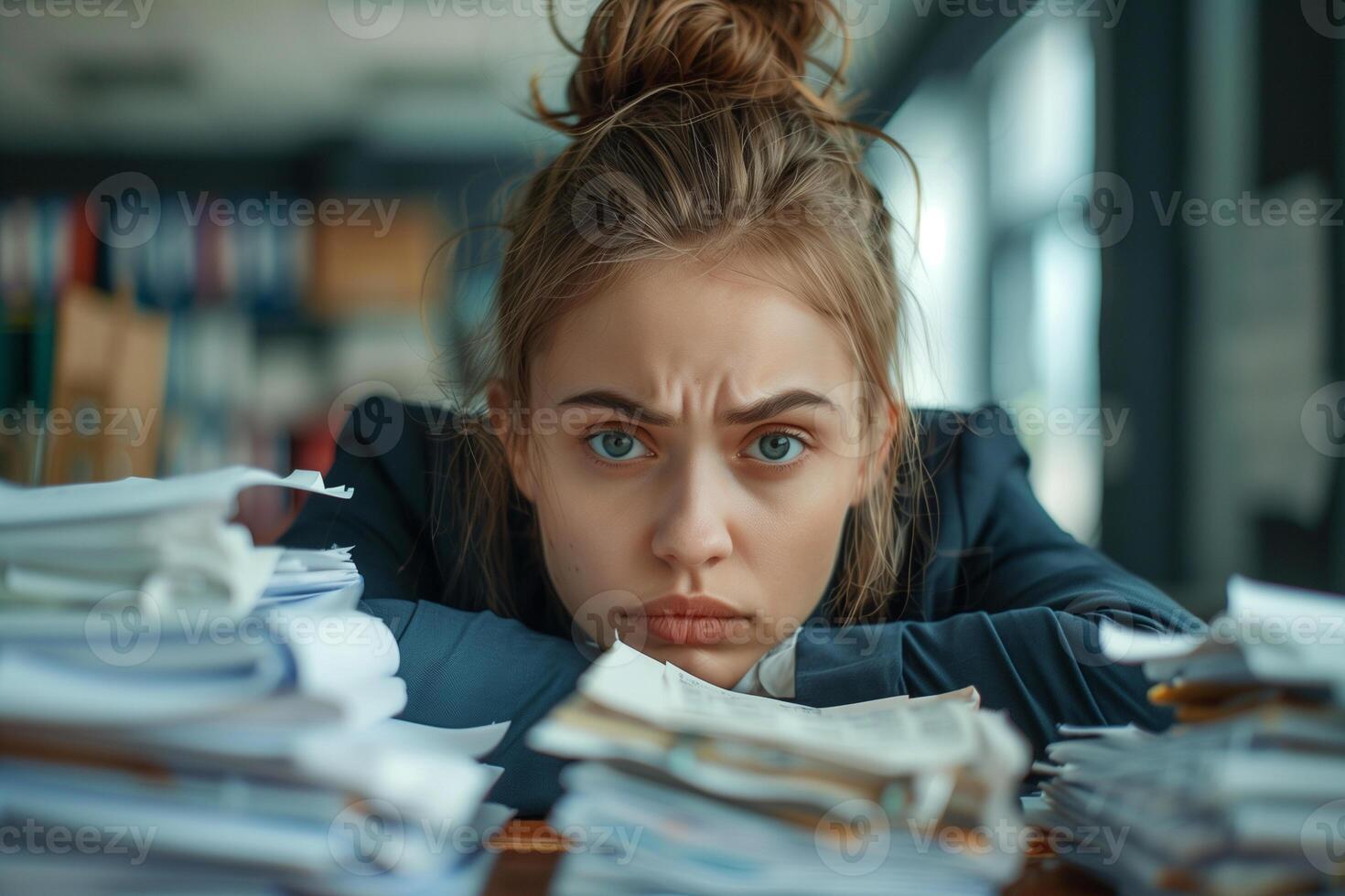 AI generated Upset employee wooman in a business suit at work in the office who is worried about overpaying taxes photo