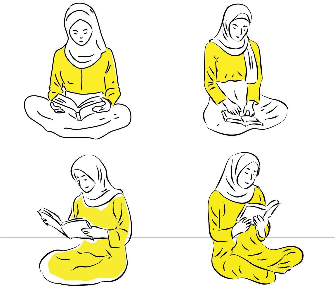 Women with hijab reading book vector