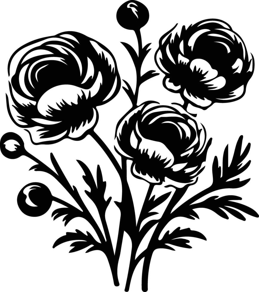 AI generated ranunculus  black silhouette vector