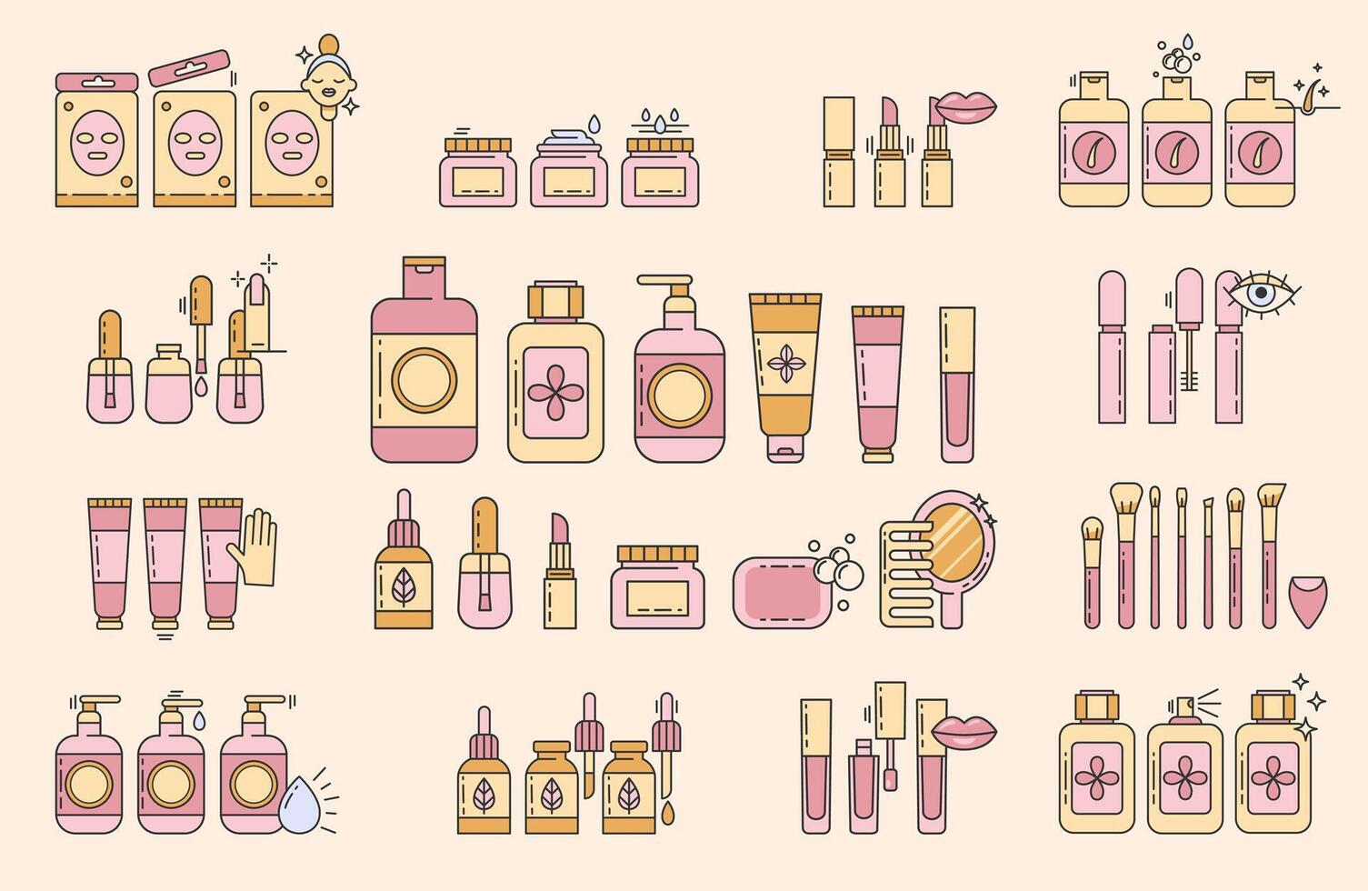 piel cuidado línea íconos set.maquillaje ilustración firmar colección.varios diferente cosmético productos y sencillo instrucciones. embalaje en diferente formas para protección de la piel productos editable ataque. vector