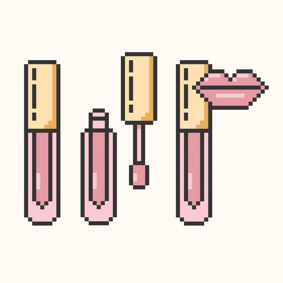 labio brillo píxel Arte icono. conjunto de separar tubo y cepillar. cerrado, abrió labio brillo, lápiz labial paquete.labios maquillaje y cosmetología vector icono.vector ilustración eps10.