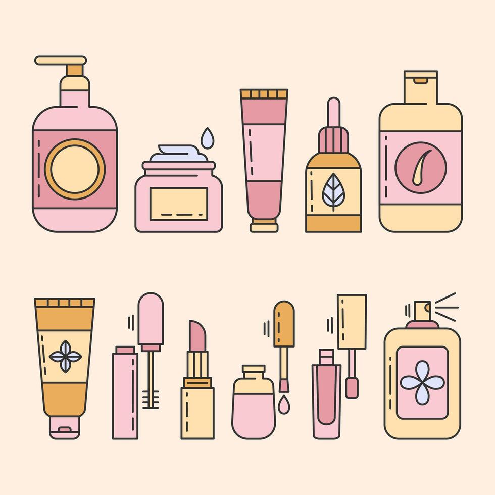 piel, cuerpo, cabello cuidado línea íconos set.maquillaje ilustración firmar colección.varios diferente cosmético empaque del producto en diferente formas para belleza productos editable trazo.vector ilustración eps 10 vector