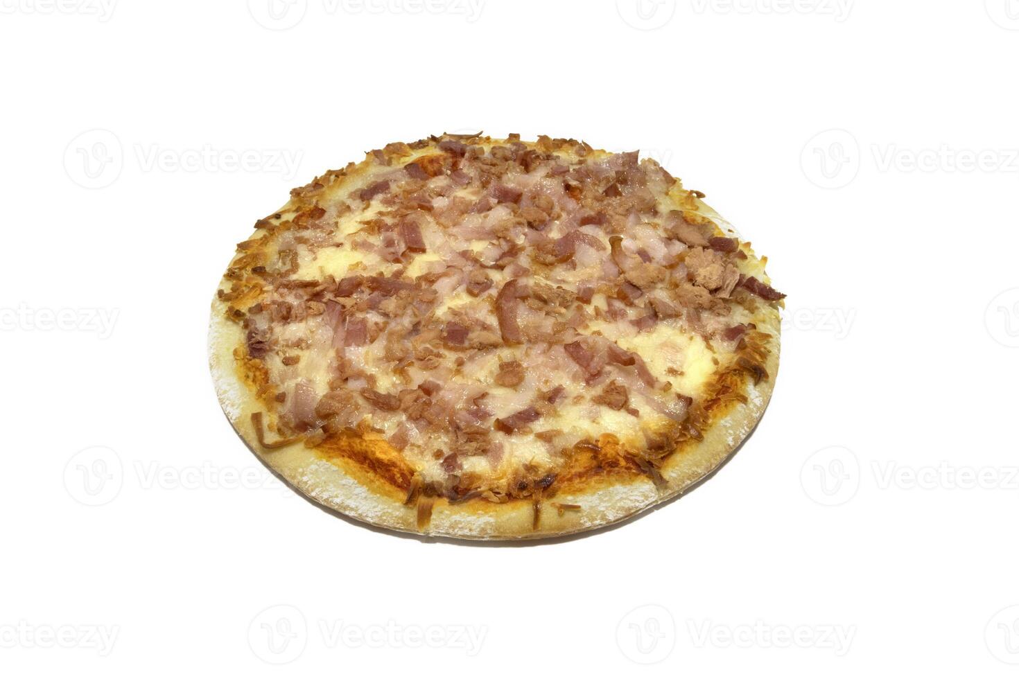 A whole tuna and bacon pizza, isolated on a white background. photo