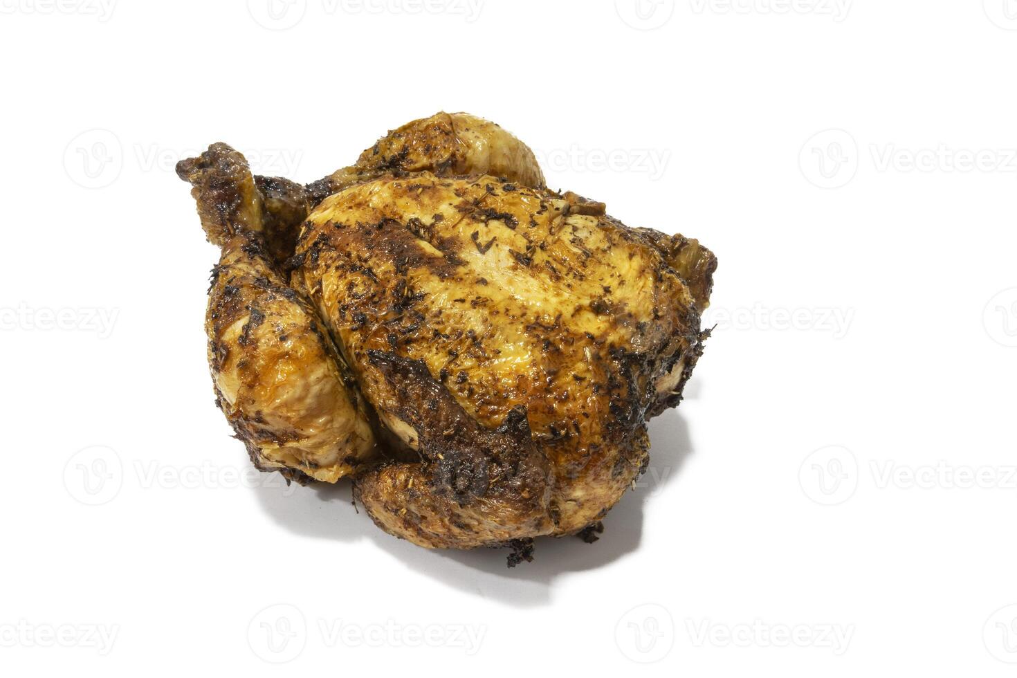 A whole roast chicken. Isolated on a white background.Savor the succulent perfection of a whole roasted and golden chicken, a culinary masterpiece that tantalizes the senses. photo