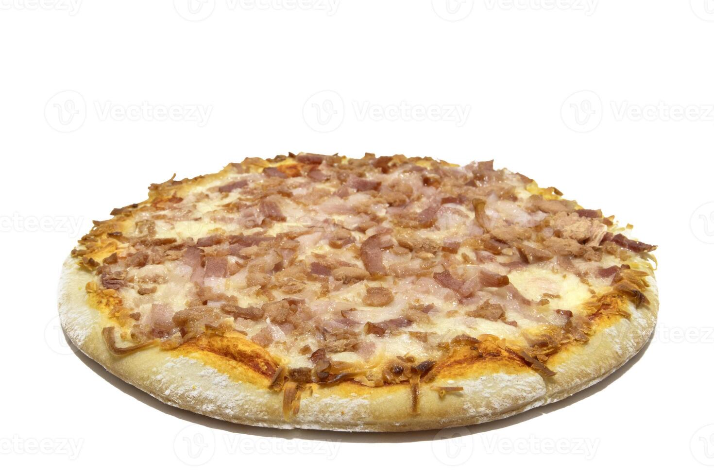 A whole tuna and bacon pizza, isolated on a white background. photo
