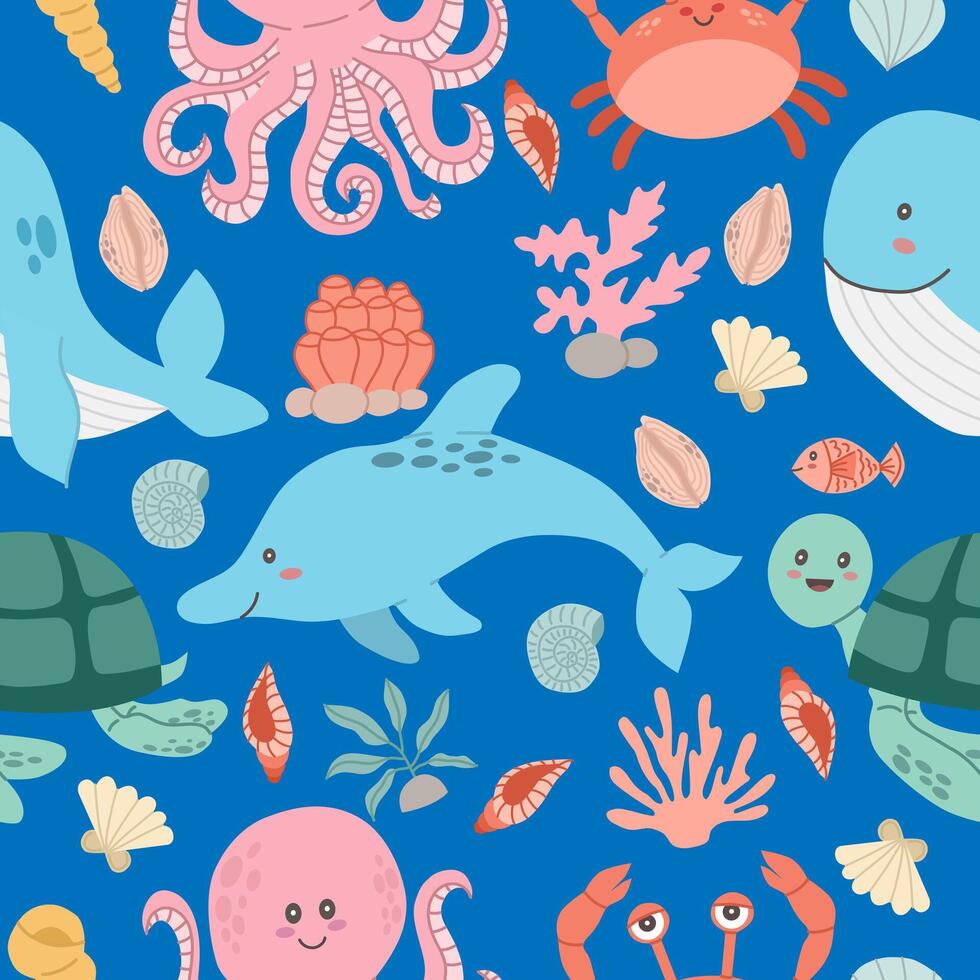 sin costura modelo en un marina tema. bebé linda kawaii animales en azul antecedentes vector