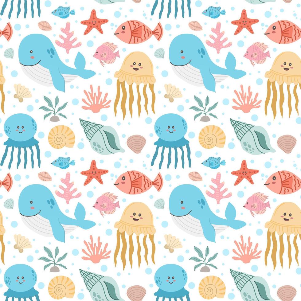 pattern of kawaii sea animals, shells and seaweed on a white background vector