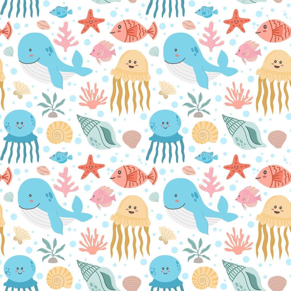 pattern of kawaii sea animals, shells and seaweed on a white background vector