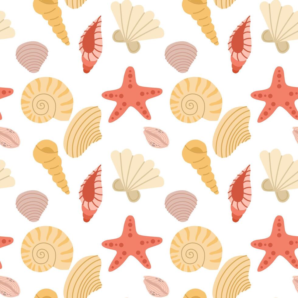pattern with seashells, starfish, corals, seaweeds, waves. Hand-drawn seaside summer beach print. Cute ocean background. vector