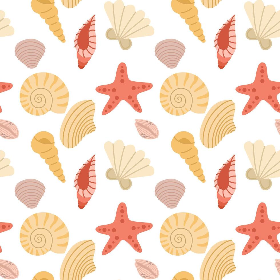 pattern with seashells, starfish, corals, seaweeds, waves. Hand-drawn seaside summer beach print. Cute ocean background. vector